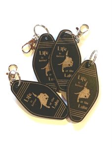 mdf laser engraved keychain with life is better at the lake and lake simcoe etched on it
